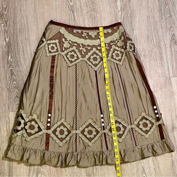 Anthropologie Autograph Brown Beige Silk Ribbon Applique Floral Buttons Skirt 10 - Picture 5 of 11